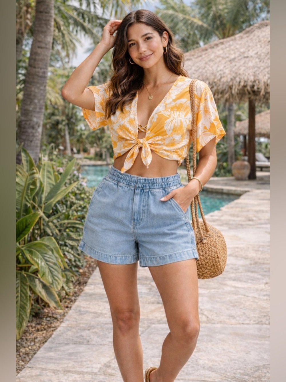 Vacation Outfit Roxy Floral Top + Denim Shorts | Beach Travel Summer Look